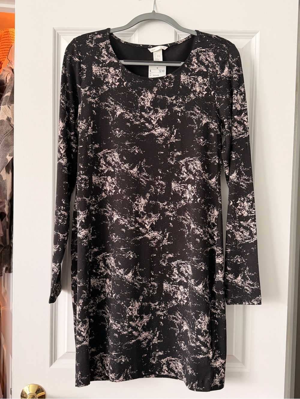 NWT H&M Long Sleeve Black Marble Print Cotton Dress Size Large